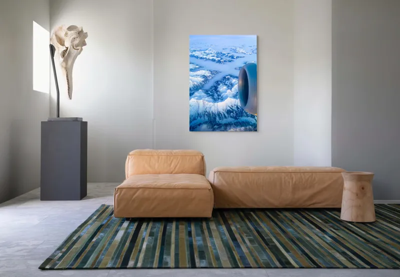 Tablou Canvas, "Vârfuri montane sub cerul senin", Aerian, Munți, Zăpadă, Nor, Turbină, Peisaj, Altitudine, Horizon, Albastru, 70 x 100 cm – poza 7