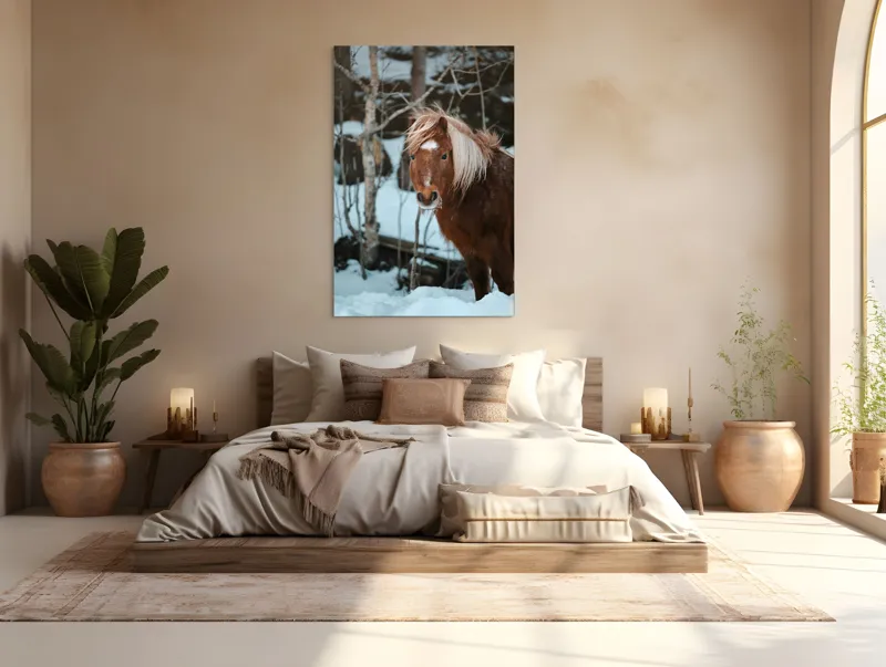 Tablou Canvas, "Poneiul în zăpada de iarnă", Cal, Blond, Pădure, Zăpadă, Privire, Răcoros, Blană, Iarnă, Copaci, 100 x 150 cm – poza 3
