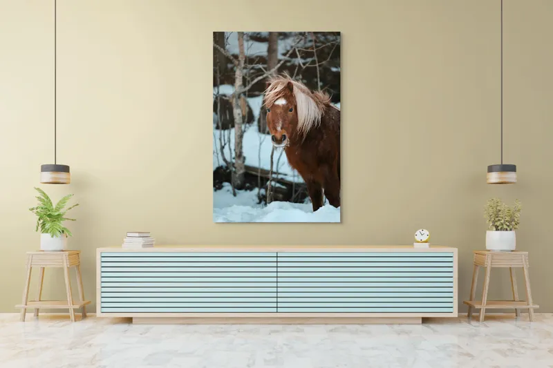 Tablou Canvas, "Poneiul în zăpada de iarnă", Cal, Blond, Pădure, Zăpadă, Privire, Răcoros, Blană, Iarnă, Copaci, 100 x 150 cm – poza 4