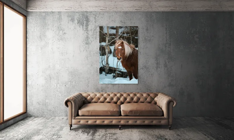 Tablou Canvas, "Poneiul în zăpada de iarnă", Cal, Blond, Pădure, Zăpadă, Privire, Răcoros, Blană, Iarnă, Copaci, 100 x 150 cm – poza 6