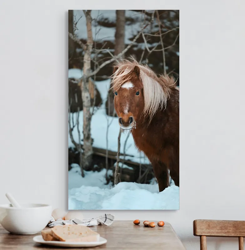 Tablou Canvas, "Poneiul în zăpada de iarnă", Cal, Blond, Pădure, Zăpadă, Privire, Răcoros, Blană, Iarnă, Copaci, 50 x 90 cm – poza 3