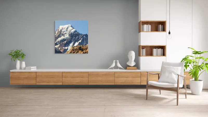 Tablou Canvas, "Un alpinist cucerește înălțimile mărețe", Munte, Zăpadă, Cer, Stânci, Alpinist, 100 x 100 cm – poza 8