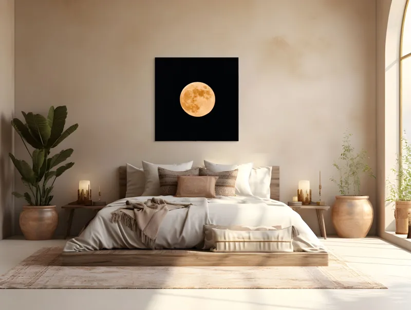 Tablou Canvas, "Luna plină luminând cerul nopții", Lună, Portocalie, Noapte, Cer, Strălucire, Mister, Frumusețe, Rotunjime, Contrast, Senzație, 100 x 100 cm – poza 4