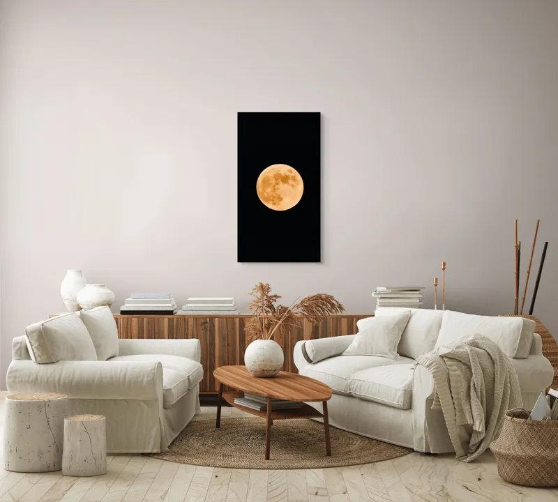 Tablou Canvas, "Luna plină luminând cerul nopții", Lună, Portocalie, Noapte, Cer, Strălucire, Mister, Frumusețe, Rotunjime, Contrast, Senzație, 50 x 90 cm – poza 7