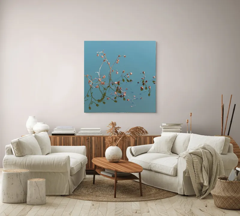 Tablou Canvas, "Reflecții delicate pe apa liniștită", Flori, Reflecții, Apă, Albastru, Natură, Liniște, Rămășițe, Artă, Serenitate, 100 x 100 cm – poza 3