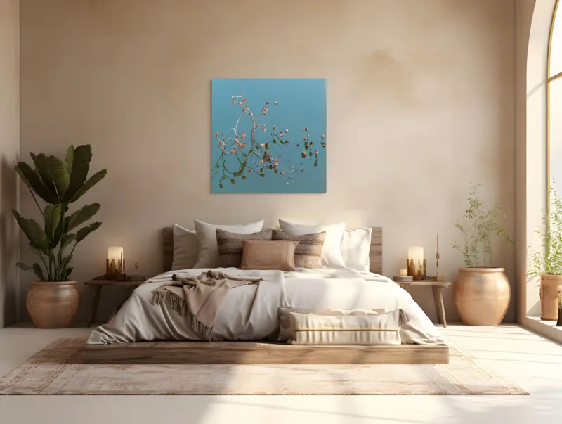 Tablou Canvas, "Reflecții delicate pe apa liniștită", Flori, Reflecții, Apă, Albastru, Natură, Liniște, Rămășițe, Artă, Serenitate, 100 x 100 cm – poza 4