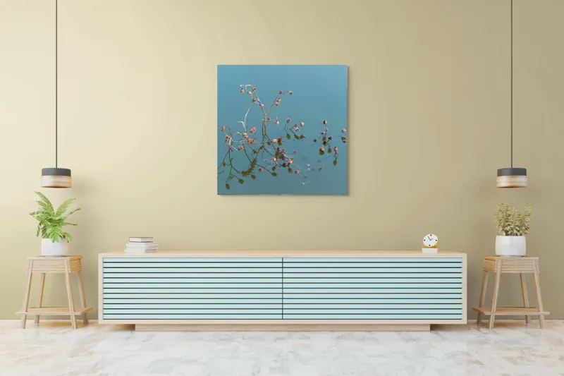 Tablou Canvas, "Reflecții delicate pe apa liniștită", Flori, Reflecții, Apă, Albastru, Natură, Liniște, Rămășițe, Artă, Serenitate, 100 x 100 cm – poza 5