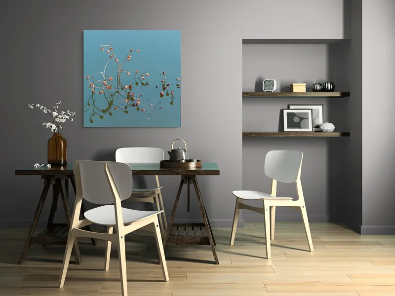 Tablou Canvas, "Reflecții delicate pe apa liniștită", Flori, Reflecții, Apă, Albastru, Natură, Liniște, Rămășițe, Artă, Serenitate, 100 x 100 cm – poza 6