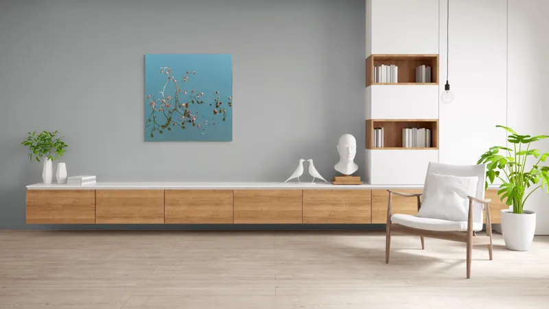 Tablou Canvas, "Reflecții delicate pe apa liniștită", Flori, Reflecții, Apă, Albastru, Natură, Liniște, Rămășițe, Artă, Serenitate, 100 x 100 cm – poza 8