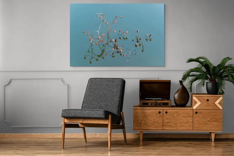 Tablou Canvas, "Reflecții delicate pe apa liniștită", Flori, Reflecții, Apă, Albastru, Natură, Liniște, Rămășițe, Artă, Serenitate, 150 x 100 cm – poza 8