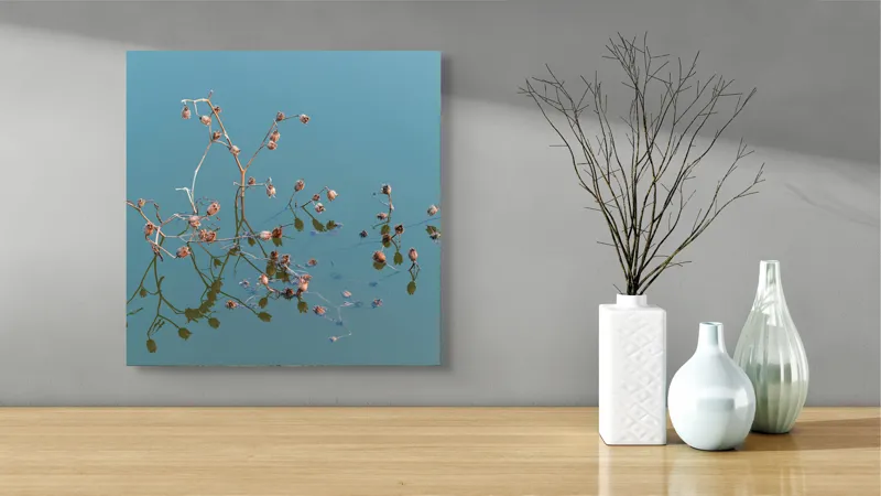 Tablou Canvas, "Reflecții delicate pe apa liniștită", Flori, Reflecții, Apă, Albastru, Natură, Liniște, Rămășițe, Artă, Serenitate, 50 x 50 cm – poza 3