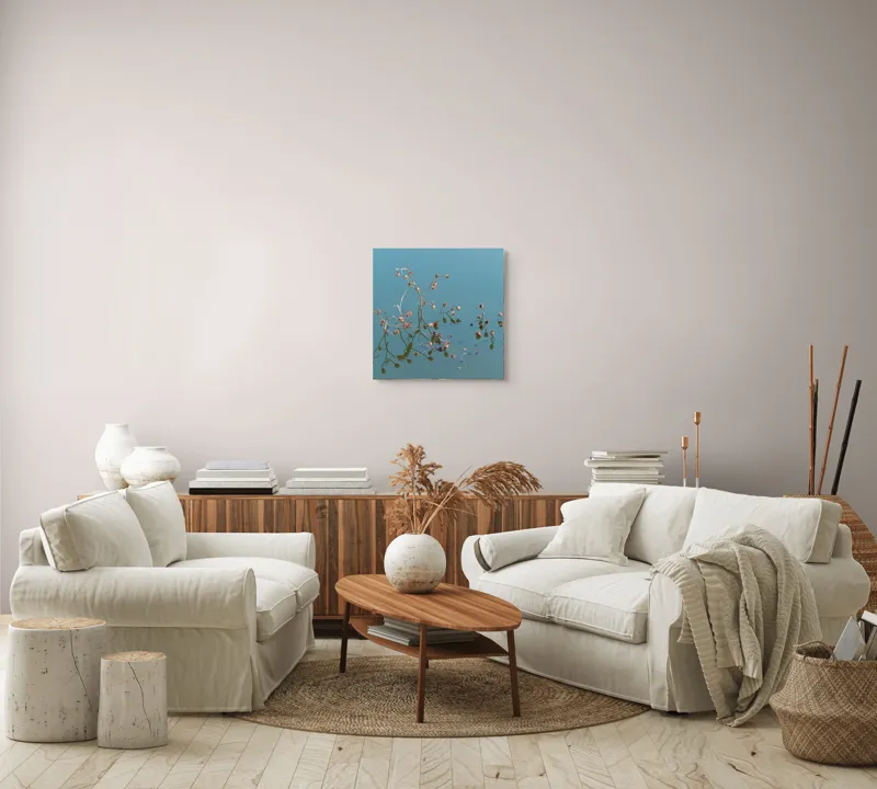 Tablou Canvas, "Reflecții delicate pe apa liniștită", Flori, Reflecții, Apă, Albastru, Natură, Liniște, Rămășițe, Artă, Serenitate, 50 x 50 cm – poza 7