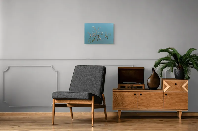 Tablou Canvas, "Reflecții delicate pe apa liniștită", Flori, Reflecții, Apă, Albastru, Natură, Liniște, Rămășițe, Artă, Serenitate, 54 x 39 cm – poza 7