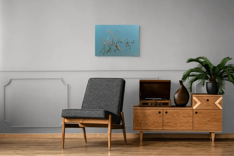 Tablou Canvas, "Reflecții delicate pe apa liniștită", Flori, Reflecții, Apă, Albastru, Natură, Liniște, Rămășițe, Artă, Serenitate, 70 x 50 cm – poza 4