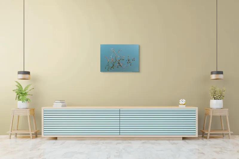 Tablou Canvas, "Reflecții delicate pe apa liniștită", Flori, Reflecții, Apă, Albastru, Natură, Liniște, Rămășițe, Artă, Serenitate, 70 x 50 cm – poza 7