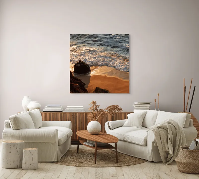 Tablou Canvas, "Reflexiile soarelui pe valuri line", Valuri, Nisip, Apus, Stânci, Spumă, 100 x 100 cm – poza 3