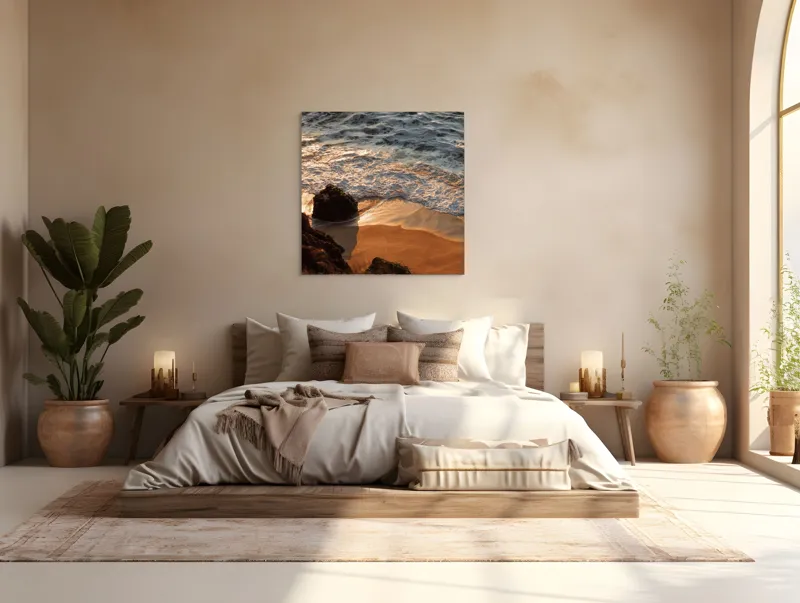 Tablou Canvas, "Reflexiile soarelui pe valuri line", Valuri, Nisip, Apus, Stânci, Spumă, 100 x 100 cm – poza 4