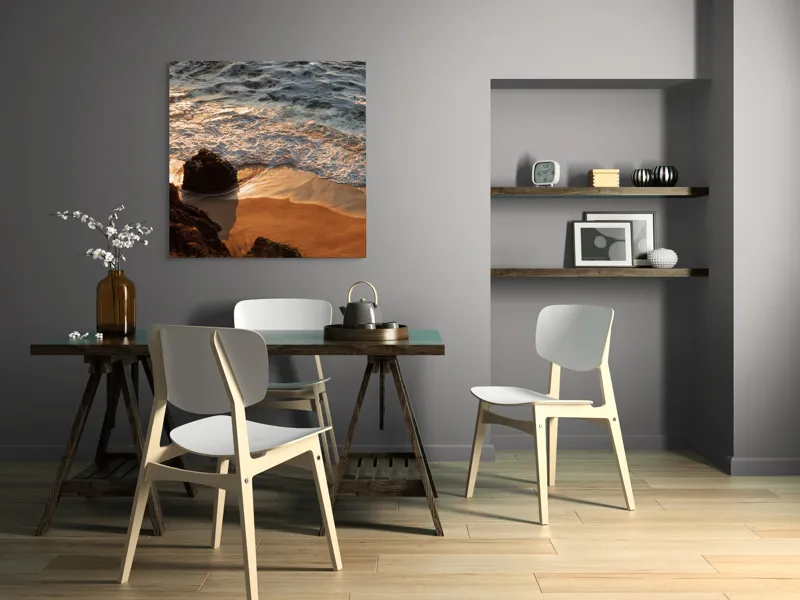 Tablou Canvas, "Reflexiile soarelui pe valuri line", Valuri, Nisip, Apus, Stânci, Spumă, 100 x 100 cm – poza 6