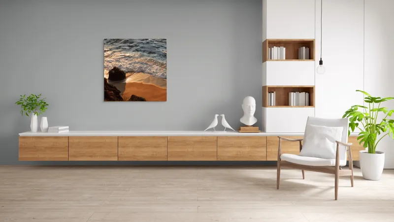 Tablou Canvas, "Reflexiile soarelui pe valuri line", Valuri, Nisip, Apus, Stânci, Spumă, 100 x 100 cm – poza 8