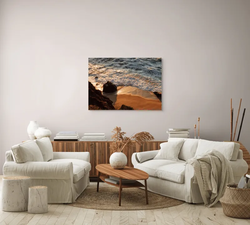 Tablou Canvas, "Reflexiile soarelui pe valuri line", Valuri, Nisip, Apus, Stânci, Spumă, 100 x 70 cm – poza 3