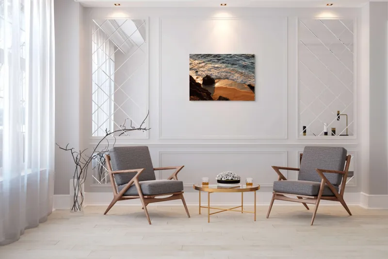Tablou Canvas, "Reflexiile soarelui pe valuri line", Valuri, Nisip, Apus, Stânci, Spumă, 100 x 70 cm – poza 5