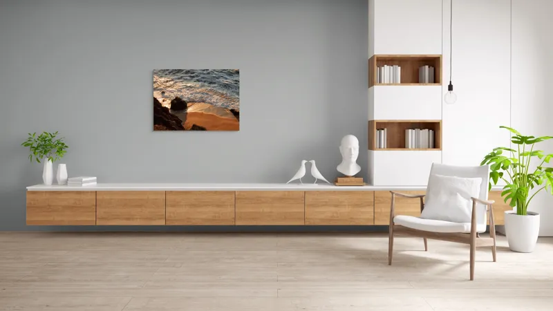 Tablou Canvas, "Reflexiile soarelui pe valuri line", Valuri, Nisip, Apus, Stânci, Spumă, 100 x 70 cm – poza 6