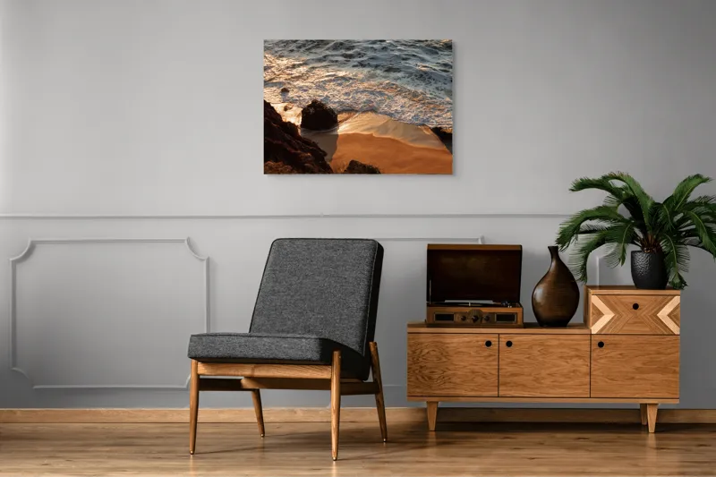 Tablou Canvas, "Reflexiile soarelui pe valuri line", Valuri, Nisip, Apus, Stânci, Spumă, 100 x 70 cm – poza 8