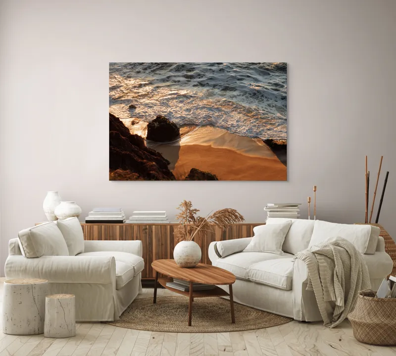 Tablou Canvas, "Reflexiile soarelui pe valuri line", Valuri, Nisip, Apus, Stânci, Spumă, 150 x 100 cm – poza 3