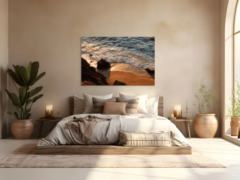 Tablou Canvas, "Reflexiile soarelui pe valuri line", Valuri, Nisip, Apus, Stânci, Spumă, 150 x 100 cm – poza 4