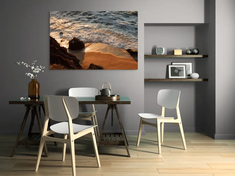 Tablou Canvas, "Reflexiile soarelui pe valuri line", Valuri, Nisip, Apus, Stânci, Spumă, 150 x 100 cm – poza 5