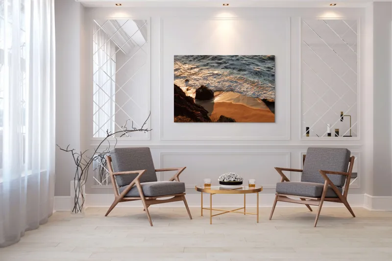 Tablou Canvas, "Reflexiile soarelui pe valuri line", Valuri, Nisip, Apus, Stânci, Spumă, 150 x 100 cm – poza 7