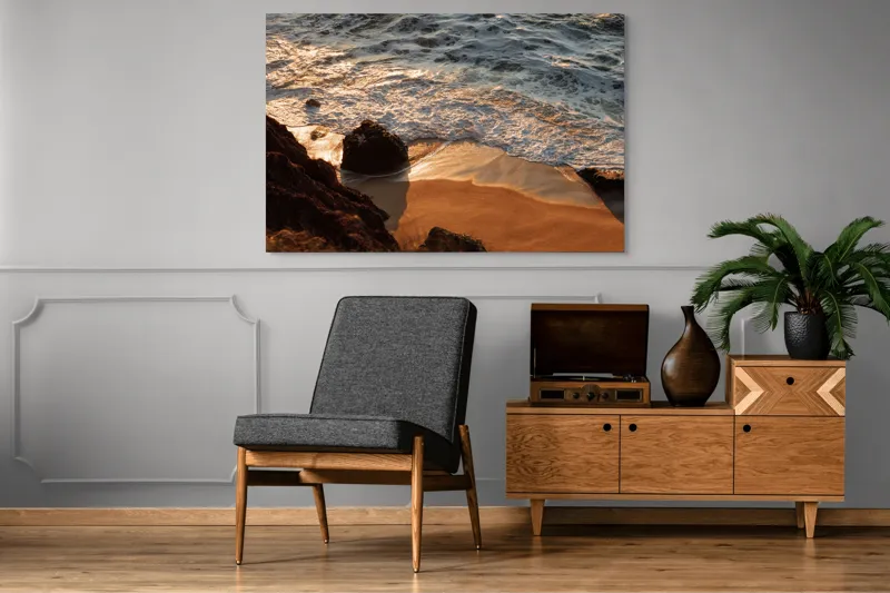 Tablou Canvas, "Reflexiile soarelui pe valuri line", Valuri, Nisip, Apus, Stânci, Spumă, 150 x 100 cm – poza 8