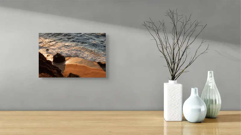 Tablou Canvas, "Reflexiile soarelui pe valuri line", Valuri, Nisip, Apus, Stânci, Spumă, 39 x 26 cm – poza 8