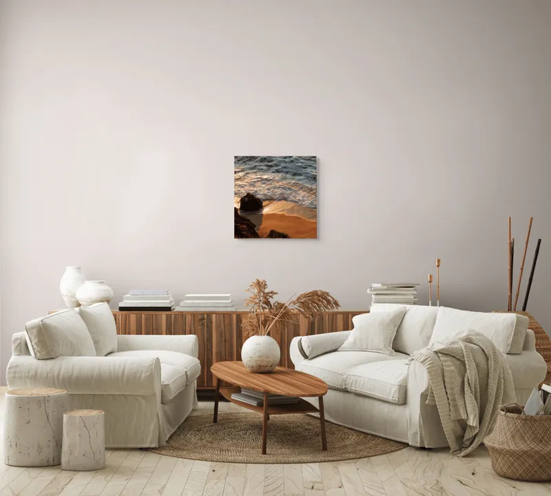 Tablou Canvas, "Reflexiile soarelui pe valuri line", Valuri, Nisip, Apus, Stânci, Spumă, 50 x 50 cm – poza 7