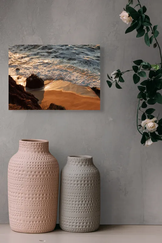 Tablou Canvas, "Reflexiile soarelui pe valuri line", Valuri, Nisip, Apus, Stânci, Spumă, 54 x 39 cm – poza 8
