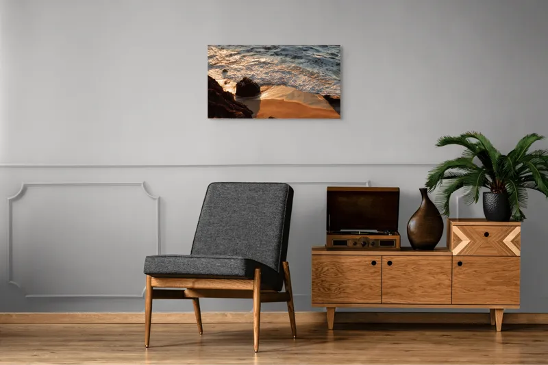 Tablou Canvas, "Reflexiile soarelui pe valuri line", Valuri, Nisip, Apus, Stânci, Spumă, 90 x 50 cm – poza 6