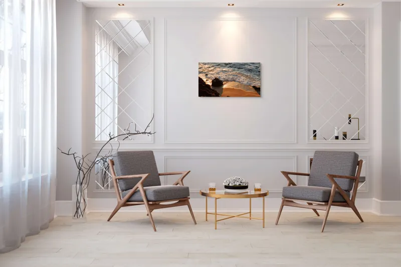 Tablou Canvas, "Reflexiile soarelui pe valuri line", Valuri, Nisip, Apus, Stânci, Spumă, 90 x 50 cm – poza 7