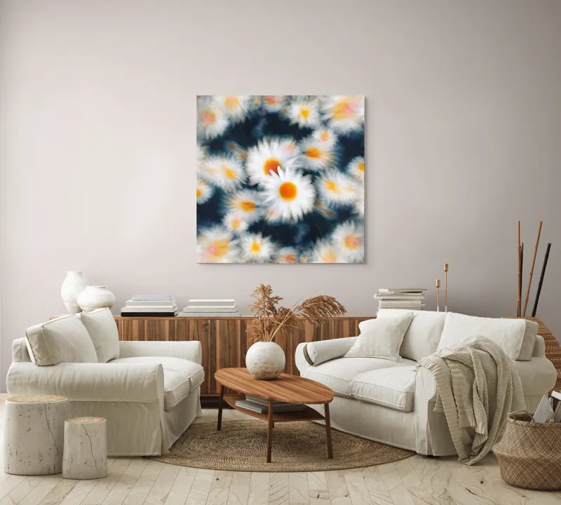 Tablou Canvas, "Dansul visător al margaretelor colorate", Flori, Pătate, Vârtej, Lumină, Estompare, Alb, Galben, Dinamică, Mișcare, Pastel., 100 x 100 cm – poza 3