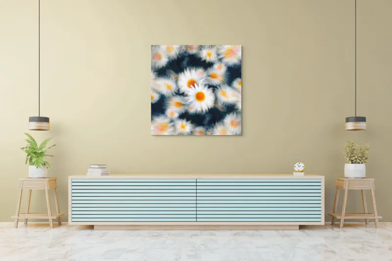 Tablou Canvas, "Dansul visător al margaretelor colorate", Flori, Pătate, Vârtej, Lumină, Estompare, Alb, Galben, Dinamică, Mișcare, Pastel., 100 x 100 cm – poza 5