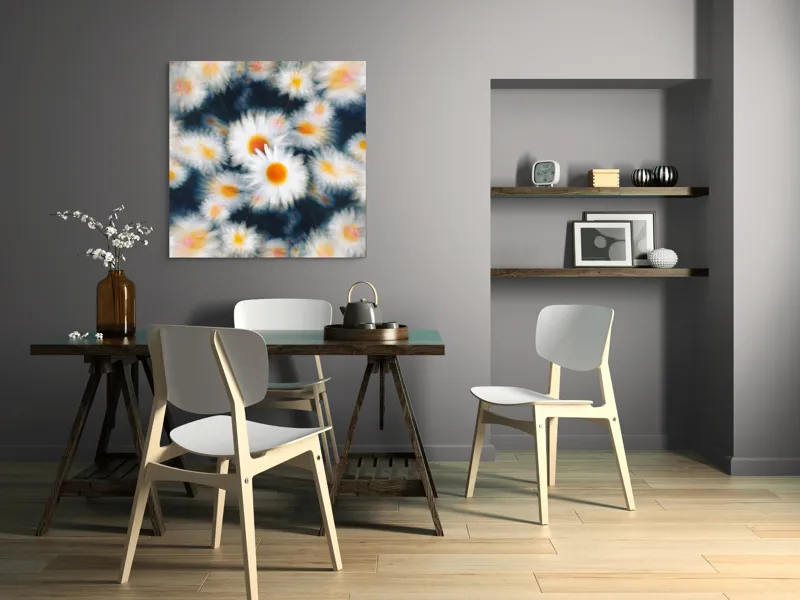 Tablou Canvas, "Dansul visător al margaretelor colorate", Flori, Pătate, Vârtej, Lumină, Estompare, Alb, Galben, Dinamică, Mișcare, Pastel., 100 x 100 cm – poza 6