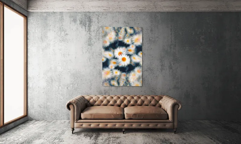 Tablou Canvas, "Dansul visător al margaretelor colorate", Flori, Pătate, Vârtej, Lumină, Estompare, Alb, Galben, Dinamică, Mișcare, Pastel., 100 x 150 cm – poza 6