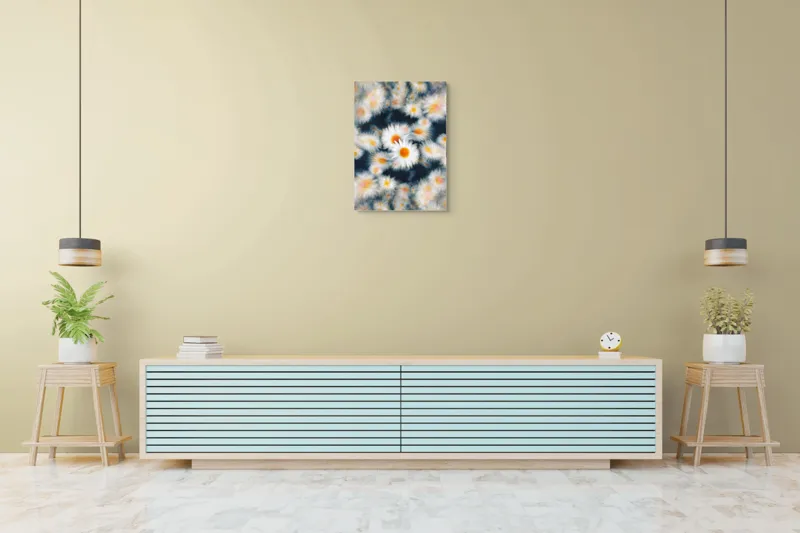 Tablou Canvas, "Dansul visător al margaretelor colorate", Flori, Pătate, Vârtej, Lumină, Estompare, Alb, Galben, Dinamică, Mișcare, Pastel., 50 x 70 cm – poza 6