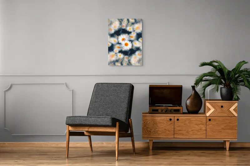 Tablou Canvas, "Dansul visător al margaretelor colorate", Flori, Pătate, Vârtej, Lumină, Estompare, Alb, Galben, Dinamică, Mișcare, Pastel., 50 x 70 cm – poza 8