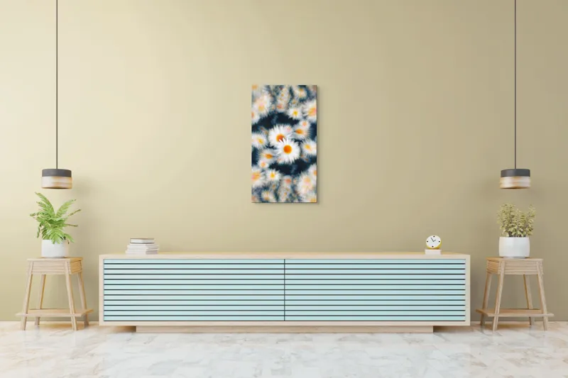 Tablou Canvas, "Dansul visător al margaretelor colorate", Flori, Pătate, Vârtej, Lumină, Estompare, Alb, Galben, Dinamică, Mișcare, Pastel., 50 x 90 cm – poza 6