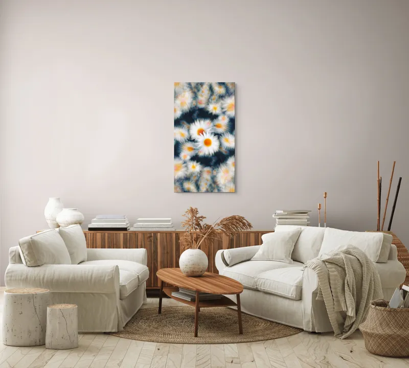Tablou Canvas, "Dansul visător al margaretelor colorate", Flori, Pătate, Vârtej, Lumină, Estompare, Alb, Galben, Dinamică, Mișcare, Pastel., 50 x 90 cm – poza 7