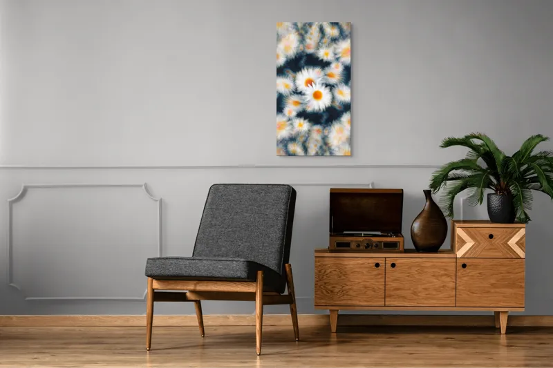 Tablou Canvas, "Dansul visător al margaretelor colorate", Flori, Pătate, Vârtej, Lumină, Estompare, Alb, Galben, Dinamică, Mișcare, Pastel., 50 x 90 cm – poza 8