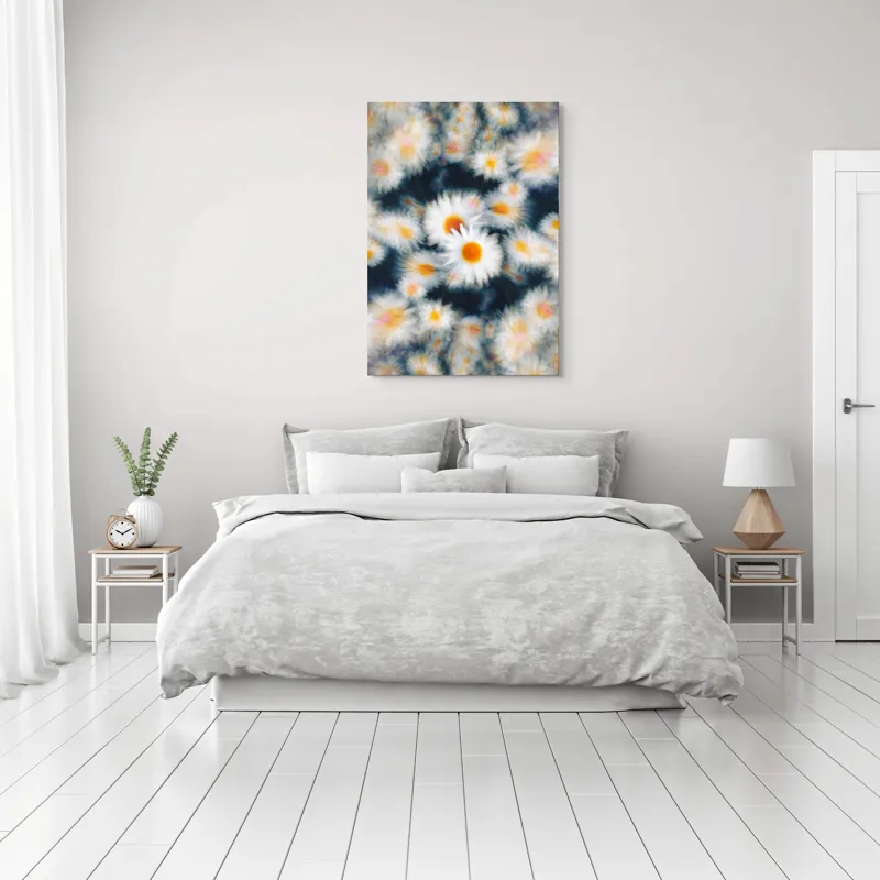 Tablou Canvas, "Dansul visător al margaretelor colorate", Flori, Pătate, Vârtej, Lumină, Estompare, Alb, Galben, Dinamică, Mișcare, Pastel., 70 x 100 cm – poza 3