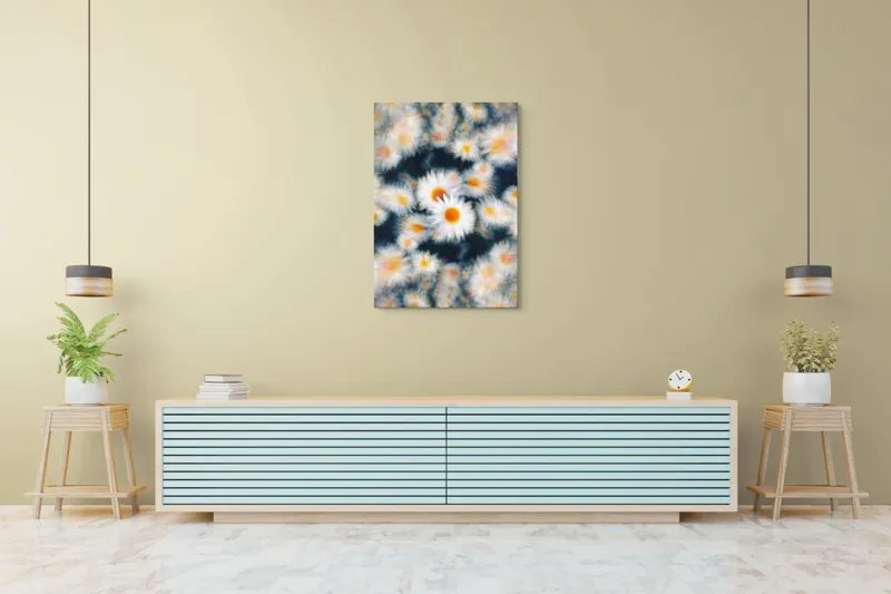 Tablou Canvas, "Dansul visător al margaretelor colorate", Flori, Pătate, Vârtej, Lumină, Estompare, Alb, Galben, Dinamică, Mișcare, Pastel., 70 x 100 cm – poza 5