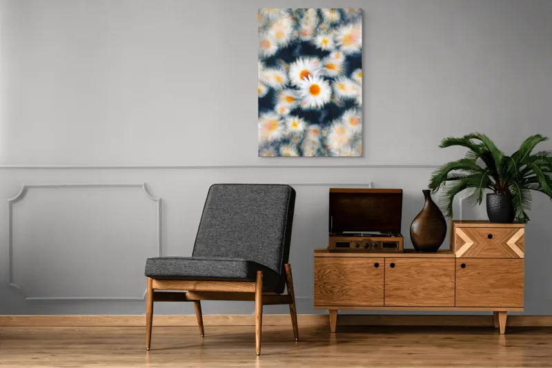 Tablou Canvas, "Dansul visător al margaretelor colorate", Flori, Pătate, Vârtej, Lumină, Estompare, Alb, Galben, Dinamică, Mișcare, Pastel., 70 x 100 cm – poza 6