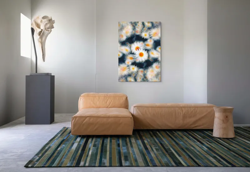 Tablou Canvas, "Dansul visător al margaretelor colorate", Flori, Pătate, Vârtej, Lumină, Estompare, Alb, Galben, Dinamică, Mișcare, Pastel., 70 x 100 cm – poza 7